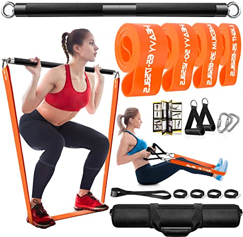DASKING Fitnessbänder Krafttraining mit Stange, Resistance Bands Set- 4 Widerstandsbänder, 90cm Detachable Fitness Bar, Griffe für Klimmzug Bänder -Fitnessgeräte für Zuhause, Home Gym Sport Equipment