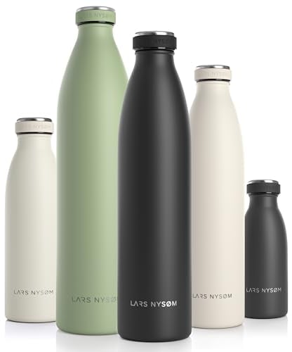 LARS NYSØM Edelstahl Trinkflasche 350ml, 500ml, 750ml, 1L, 1 5 liter | Thermosflasche Kohlensäure geeignet | Auslaufsichere Wasserflasche für Sport, Outdoor, Schule (Carbon Black, 1000ml)