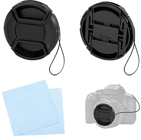 2 Stück 49 mm Objektivdeckel mit Reinigungstuch und Seil für Nikon Canon Sony DSLR Sony FE 28 mm f2 Objektiv, Canon EF-M 15–45 mm f/3,5–6,3 IS STM Objektiv und andere 49 mm Gewindeobjektive