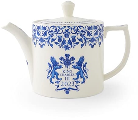 Portmeirion Home & Gifts KCC00600 Spode King Charles III Coronation Teapot 1.1L, Blue & White Pattern UK Made