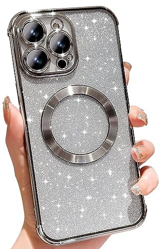 Wirvyuer for iPhone 13 Pro Case Compatible with MagSafe, Cute Glitter Shockproof Magnetic Phone Case with Wireless Charging Support and Protection, Silver