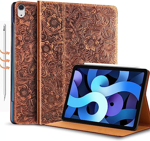 Gexmil Leder Hülle für iPad Air 11 Zoll M3 2025/ M2 2024,iPad Air 10,9 Zoll 5./4. Genration 2022/2020, Echt Leder Cover Stoßfest,Automatischer Schlaf/Aufwachen, rutschfest,Floral Braun