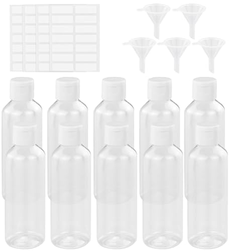 KZNKZN 10 Pack Refillable 100 ml Clear Travel Bottle Empty Transparent Containers Bottles with 5pcs Funnels and 4 Sheets Free Labels for Packing Toiletries Shampoo Cosmetic Liquid