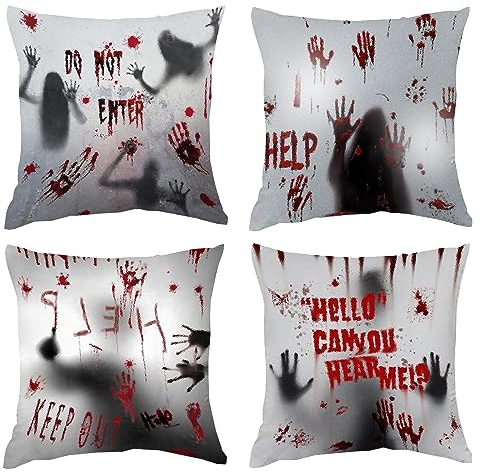 HIQE-FL 4 Stück Halloween Kissenbezug 45 x 45 cm,Halloween Dekoration,Fledermaus Horror Kürbis Dekorative Kissenbezug,Halloween Kissenbezug für Schlafzimmer Sofa