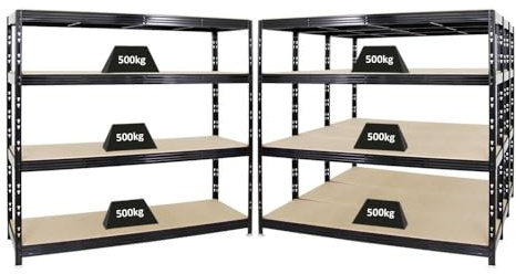 PROREGAL Mega Deal | 4X Profi Schwerlastregal Rhino | HxBxT 180x200x60cm | 4 Spanplatten-Ebenen 16mm | Fachlast 500kg | Schwarz | Garagenregal Lagerregal Steckregal Weitspannregal