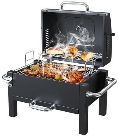 BBQCuker Tragbarer Holzkohlegrill mit Warmhalterost, Tischkohlegrill, kleiner BBQ Grill mit Thermometer (37,8–426,7 °C), Outdoor-Holzkohle-Smoker für Camping, Picknick, Wandern, Strand und Reisen
