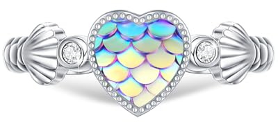 Meeresthema Muschel Ring 925 Sterling Silber Verstellbarer Meerjungfrauen Ring Herz Ring mit Lila Meerjungfrau Skala Schmuck für Damen