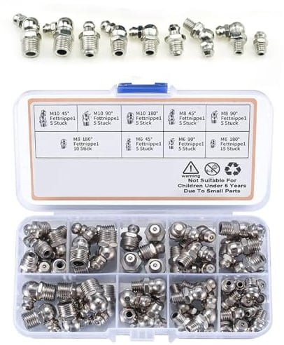 60 Pezzi Set di Ingrassatori, Grasso Raccordo Assortimento, Ingrassatori Testine M6 M8 M10 in Dritto e Angolato 45° 90°, per Attrezzature Meccaniche