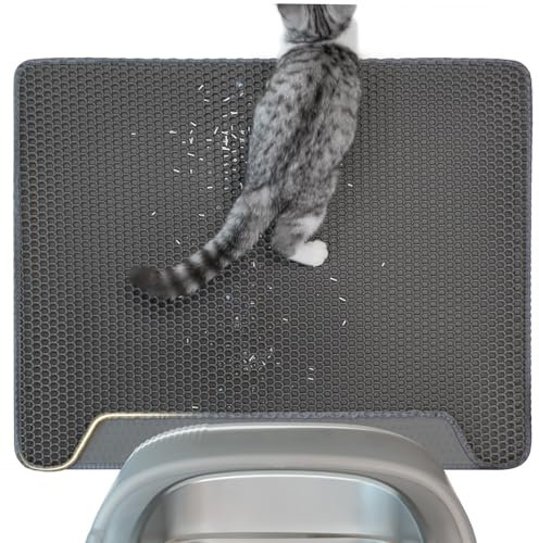 Conlun Katzenstreu Matte, Hochwertige Doppelschicht Wasserdichte Katzenmatte, Wabenmuster zur Kontrolle der Streuverteilung, Leichte Reinigung für die Katzenklo Matte(Grau,Groß,76x61 cm)