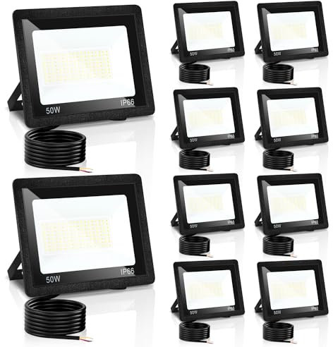 Yakimz 50W 10er LED Strahler Außen, 3 Einstellbare Farbtemperatur, LED Wandbeleuchtung Fluter Abstrahlwinkel 120°, IP66 Wasserdicht LED Wandleuchte, Scheinwerfer für Terrasse Sportplatz
