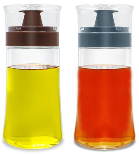 TINMIX Lot de 2 flacons distributeurs d'huile anti-fuite avec bec verseur, 180 ml, verre d'huile d'olive et vinaigre, bien scellé pour la cuisine de pique-nique de camping en plein air, bleu + marron