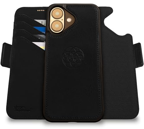 Dreem Fibonacci kompatibel mit iPhone 16 Brieftaschen-Etui / 2-in-1 stoßfestes Etui und abnehmbares Folio aus veganem Leder, kompatibel mit MagSafe, RFID-Schutz [Schwarz]