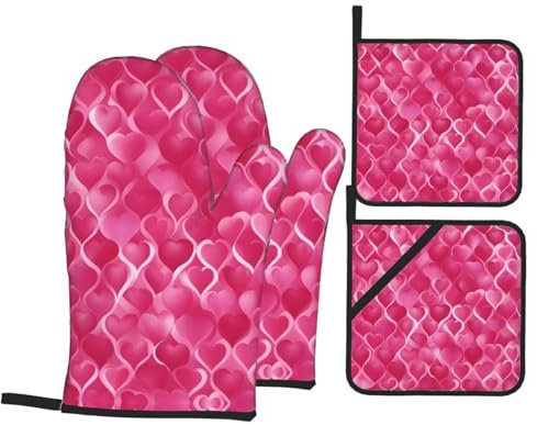 Pink Hearts Oven Mitts and Potholders BBQ Gloves and Holders for Cooking Baking (4-Piece Set)