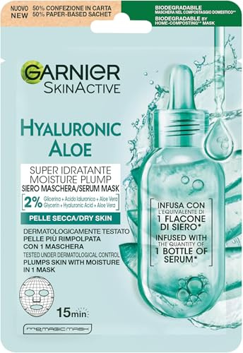 Garnier Maschera in Tessuto Skin Active Hydra Bomb, Formula Super Idratante e Rivitalizzante, Per Tutti i Tipi di Pelle, Con Acido Ialuronico e Aloe Vera Biologica, 28 gr (Confezione da 5)