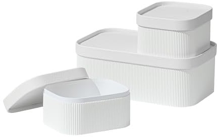 LA JOLIE MUSE Fluted Cardboard Storage Baskets with Leather-Like Lids, Sturdy Stackable Paper Boxes Decorative Tray,Eggshell White, Set of 3
