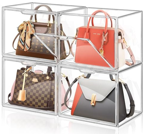 Giyiprpi 4 Packs Plastic Purse Storage Organizer for Closet, Clear Display Case for Purse and Handbag, Stackable Storage Boxes Organizer with Magnetic Door for Wallet Book Cosmetic Toys Display