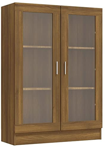 Hommdiy Vitrinenschrank Wohnzimmer,Glas Vitrine Hochglanz mit Glastüren Braun Eiche-Optik 82,5x30,5x115cm Holzwerkstoff