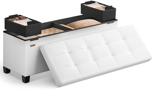SONGMICS Storage Ottoman, Storage Bench with Legs, 15 x 43.3 x 15.7 Inches, Ottoman Bench, 30 Gal. (112 L), Synthetic Leather, for Living Room, Entryway, Cloud White ULSF0514W02