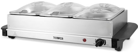 Tower T16151 Buffet Server with 2x 2.5L Trays & 2x 1.2L Trays, Adjustable Temperature Controls, Cool Touch Handles, 300W, Stainless Steel