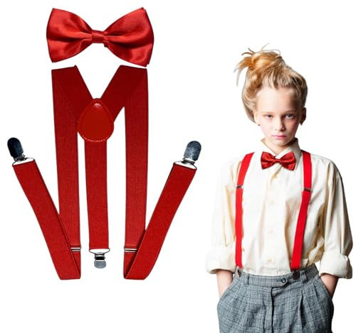 Anwangda Hosenträger Herren mit Fliege, Y Form Hosenträger Breit Lang mit Sehr Starken 3 Metall Clip, Verstellbares Elastisch Hosenträger Herren Arbeitshose(FARBE:Rot)