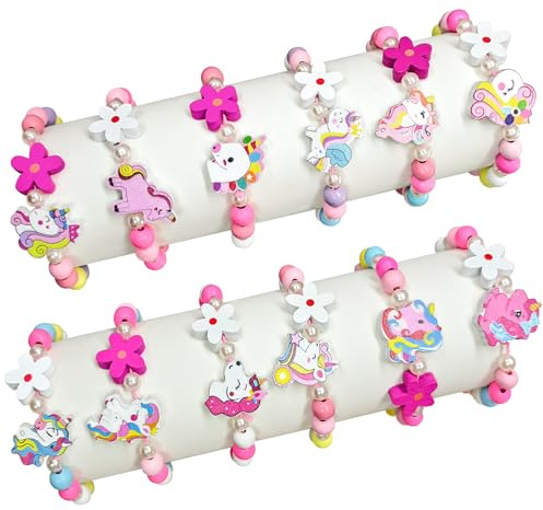 Suofuolef 12 Stück Mädchen Holz Armbänder für Party Mitgebsel | Bunte Einhorn Blumen Freundschaftsarmband für Kindergeburtstag Gastgeschenke Geflochten Armband Schmuck