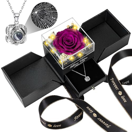 Lebana Preserved Real Purple Rose Birthday Gifts for Women Wife Her Mum Girlfriend Girl Grandma with I Love You Heart Necklace Eternal Rose Flowers on Anniversary Valentine's Day Mother Day Christmas