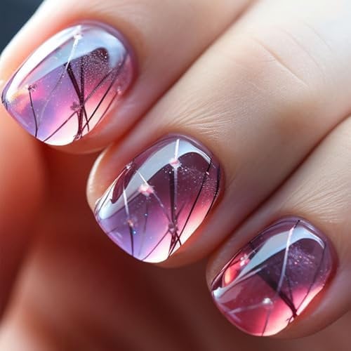 French Tip Press On Nails, Square Short – 24PCS Purple Glitter & Glazed Watercolor, Glossy Full Cover False Nails with Accessory Tool, Made of Premium ABS, Reusable Stick On Nail Art Kit