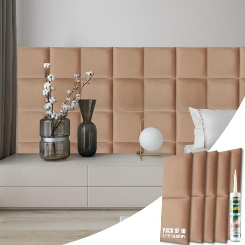 NOVECRAFTO Velvet Padded Wall Panels Set of 10 - Brown Upholstered Anti-Collision Panels with Adhesive - H11.8 x W11.8 (30x30cm) Cushioned Paneling for Beds, Kids Room, Hallways & Feature Walls