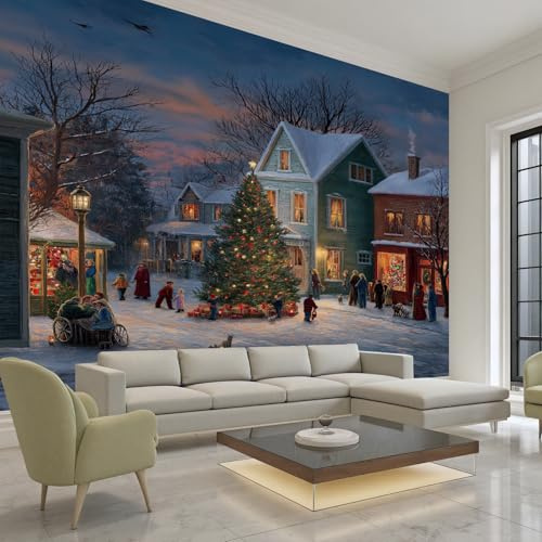 Wlujhia Fototapete Weihnachten Kleine Stadt 100x70 cm Winter Stadt Schneeszene Tapeten Fototapeten Modern Wandtapete Vliestapete Wandtapete für Wohnzimmer Schlafzimmer Kinderzimmer Wanddeko