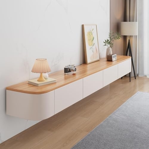 Schwebender TV-Schrank,Holzfarbe + Weiß,160*20*24cm,Massivholz-TV-Board | mit LED，für Fernseher bis 90 Zoll, 2 Schubladen + 1 Klapptür, lowboard hängend