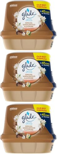 Glade Fragranced Bathroom Gel, Bathroom Air Freshener & Discreet Odour Eliminator, Sensual Sandalwood and Jasmine, 180g (Packaging may vary) (Pack of 3)