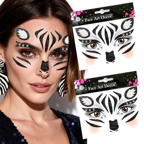 2 Stück Face Art Sticker, Zebra Tattoo Gesicht, Temporäre Tattoo Gesicht, Gesichtssticker Karneval, Karneval Face Tattoo Nagelsticker für Cosplay Party Fasching Tierkostüm Motto Partys