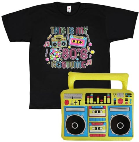 Retro 80er Jahre Kostüm Set - This is My 80s Costume T-Shirt und aufblasbare Boombox Prop - Neon Graphic Tee & Blow-Up Radio für 1980er Motto-Partys & Festivals Erwachsenenkostüm