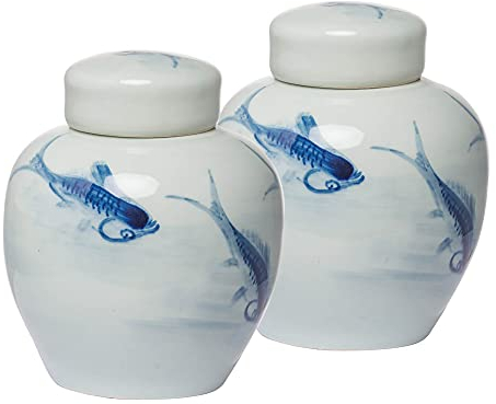 A & B Home Koi Deckel, klein, Glas, 2er-Set, 100% Keramik, blau/weiß, 6.5x6.5x7.9 inches