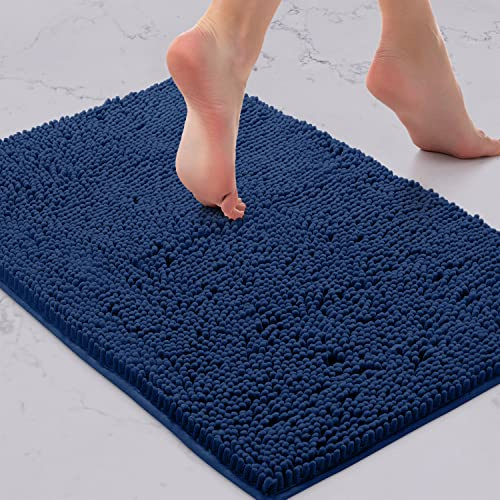 LuxUrux Bath Mat-Extra-Soft Plush Bath Shower Bathroom Rug, 1'' Chenille Microfiber Material, Super Absorbent Shaggy Bath Rug (Blue, 42 x 60 cm)