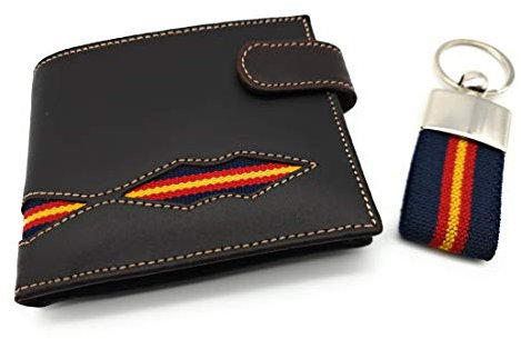 Cartera Hombre Piel Cuero marrón con Monedero Bandera de España y Regalo Llavero Bandera de España, presentado Todo en Bolsa de Tela Granate. Fabricado Ubrique