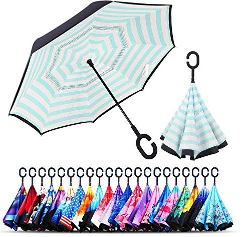 Jooayou Double Layer Inverted Umbrella, C Shape Handle Reverse Folding Umbrella, Anti-UV Windproof Travel Umbrella with Carrying Bag