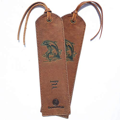 Handgefertigtes Leder Lesezeichen mit Delphin Design + Traditionellem Quasten Lesezeichen Echtleder Einzigartige Geschenke Für Frauen, Männer, Kinder & Freunde - 2 Leather Bookmarks mit Dolphin