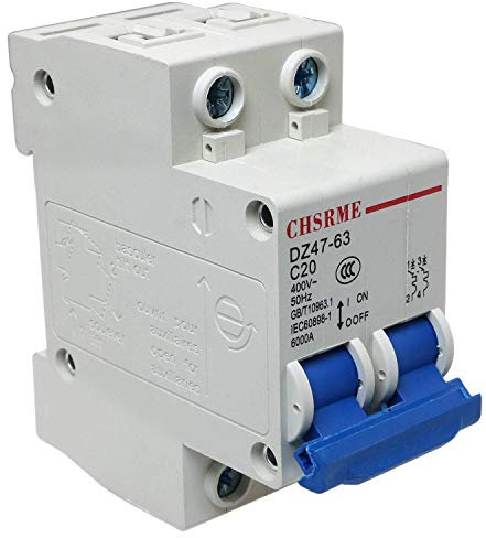 Mini disjoncteur bipolaire 20A 230 / 400V Interrupteur Proetction basse tension, montage sur rail DIN, montage sur rail DIN DZ47-63