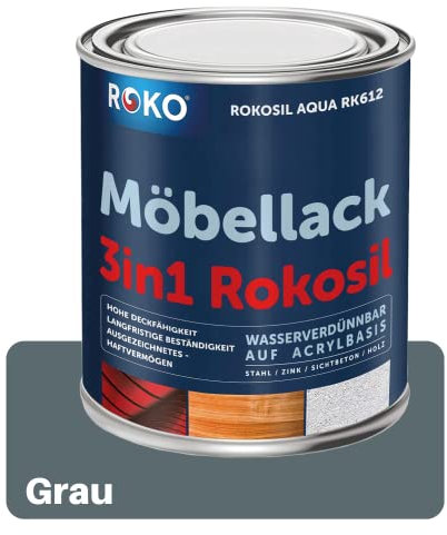 ROKO Möbellack - 3,6 Kg Grau - 3in1 Möbelfarbe auf Wasserbasis - Seidenmatt - Für Holz, Metall & Kunststoff