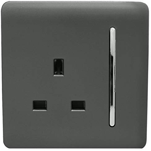 Trendi 1 Gang Raised Artistic Modern Glossy Screwless 13 Amp Single Pole with Chrome Switched UK Standard Electrical Double Wall Plug Socket in Charcoal Grey - ART-SKT13CH