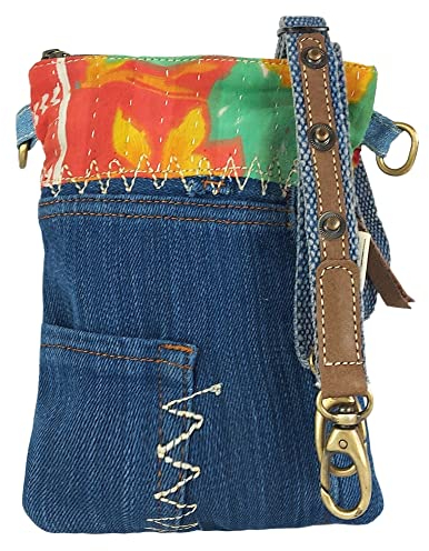 Sunsa kleine Umhängetasche, Upcycling Denim Tasche. Cross body bag, Schultertasche Crossover, Nachhaltige Produkt aus Used Sari & Jeans, 52453
