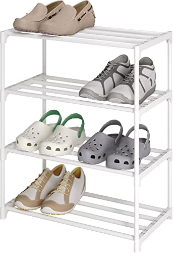 Acegozt 4-stöckiges Metall-Schuhregal, Minimalistisch, 4 Etagen, 8-10 Paar Schuhe, Stapelbar, Stabilität, für Innen und Außen, einfach zu montieren, für Schrank und Eingangsbereich (SKF-4W)