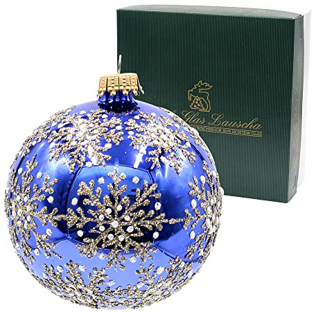 Dekohelden24 Lauschaer Christbaumschmuck - 4er Set Glaskugeln in Royalblau, mundgeblasen und handdekoriert mit Schneekristallen in Gold und weiß, mit Goldkrönchen, Größe Ø ca. 10 cm