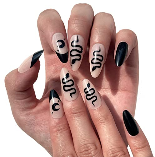 JUSTOTRY 24 Stück Moon Mandel Nägel Zum Aufkleben Kurz,Schwarz French Künstliche Nägel, Snake Oval Kunstnägel Press on Nails, Acryl Fingernägel Fake Nails Kurz für Frauen