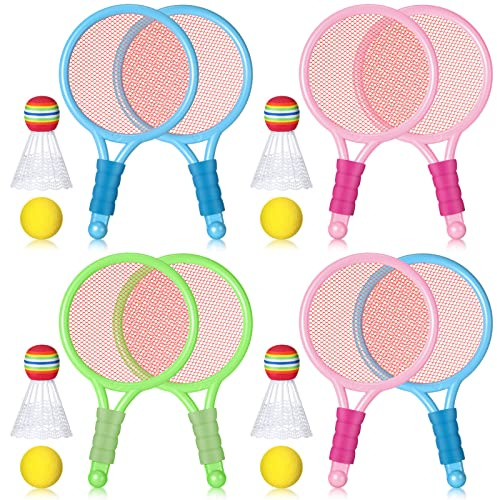 Wettarn 8 Pcs Plastic Kids Tennis Racket with 4 Tennis Balls and 4 Shuttlecocks Training Balls Beach Racket Set in 3 Colors for Kids Outdoor Sports Gifts