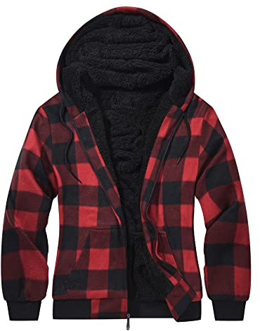 geeksport Veste Polaire Homme à Capuche Sweats Flanelle à Carreaux Zippé Veste Chemise Chaude Doublé Sweat-Shirt Avec Poches Pour D'automne D'hiver 0569 Rouge L