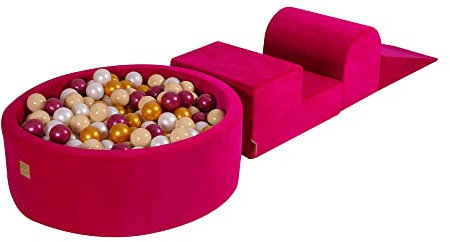 MEOWBABY Spielplatz aus Schaumstoff mit Bällebad 240x45cm - Schaumspielset mit 200 Bälle für Kinder, Velvet, Magenta: Perlweinrot/Golden/Perlweiß/Beige