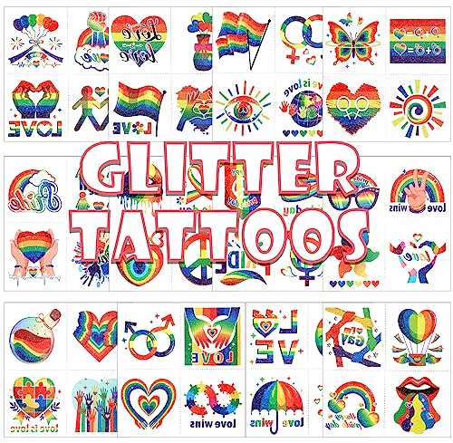 Qpout 48 PCS Glitter Pride Tattoos Rainbow Temporary Tattoos Shining Waterproof Pride Flag Tattoo Stickers for Women Men Rainbow Party Favors LGBT Pride Equality Parades and Celebrations