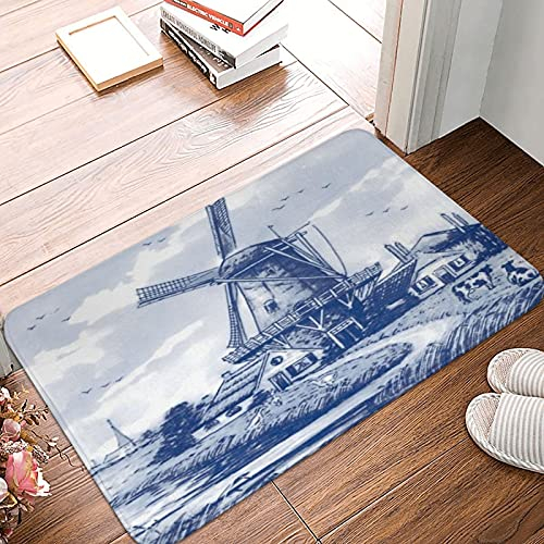 Haustür Fußmatten Blue Nederland Niedliche Vintage Holländische Windmühle Delft 40X60Cm Rückseite Fußabtreter Schmutz Widerstehen Eingangstürmatte Dauerhaft Eingangsteppich Für Innen Küche